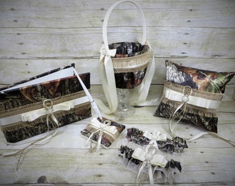 Camo Wedding Set with Burlap and Ivory, camo Guestbook, camo Pillow, camo Basket, camo garter