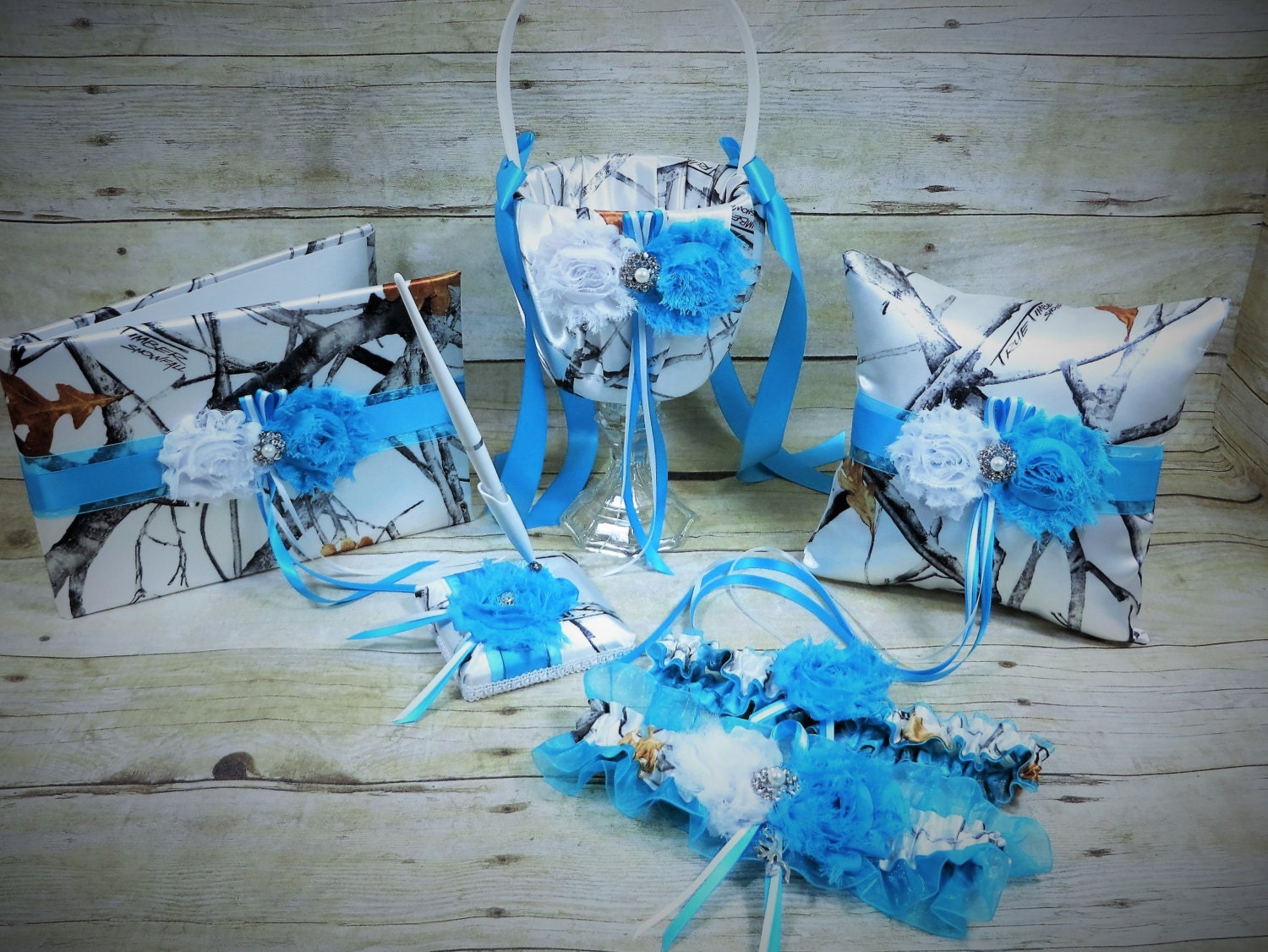White Camouflage Wedding Set, Blue Wedding Set, Turquoise Wedding