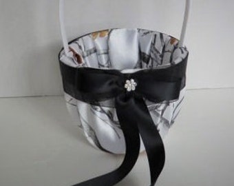 White Camo Flower Girl Basket,  True Timber White Camo Flower Girl Basket with Black Satin Accents, Wedding Basket.