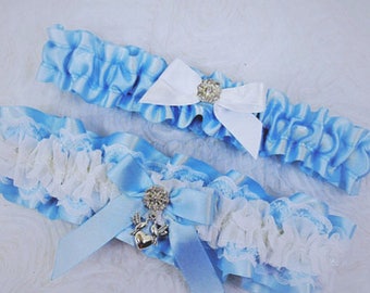 Light Blue and Lace Garter Set, Something Blue, Ribbon and White Lace Garter, Powder Blue Garter, Prom Garter, Keepsake and Toss Garter Set