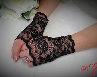 Black Fingerless Short Gloves, Black Embroidered Floral Lace Gloves, Black Lace Gloves, Lace Gloves, Black Prom Gloves, Black Costume Gloves