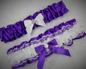 Purple Garter Set, Keepsake and Toss Garter Set, Ribbon Garter, Prom Garter, Bridal Garter, Wedding Garter, Lace garter set