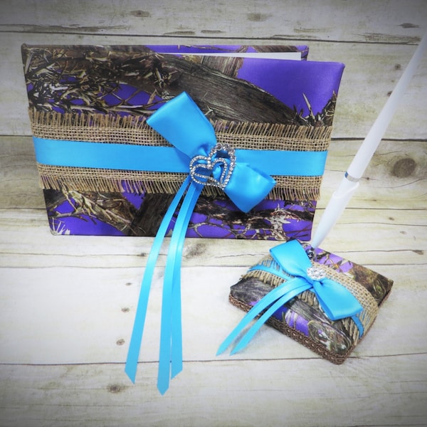 Purple Camo Guestbook, Camouflage Guestbook, Guestbook with Pen, Guestbook di tela, Vero legno Viola e turchese, Country Wedding