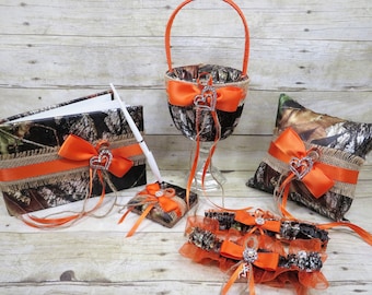 Orange camo Wedding Set with Burlap, camouflage Guestbook, Orange Camo Wedding Set