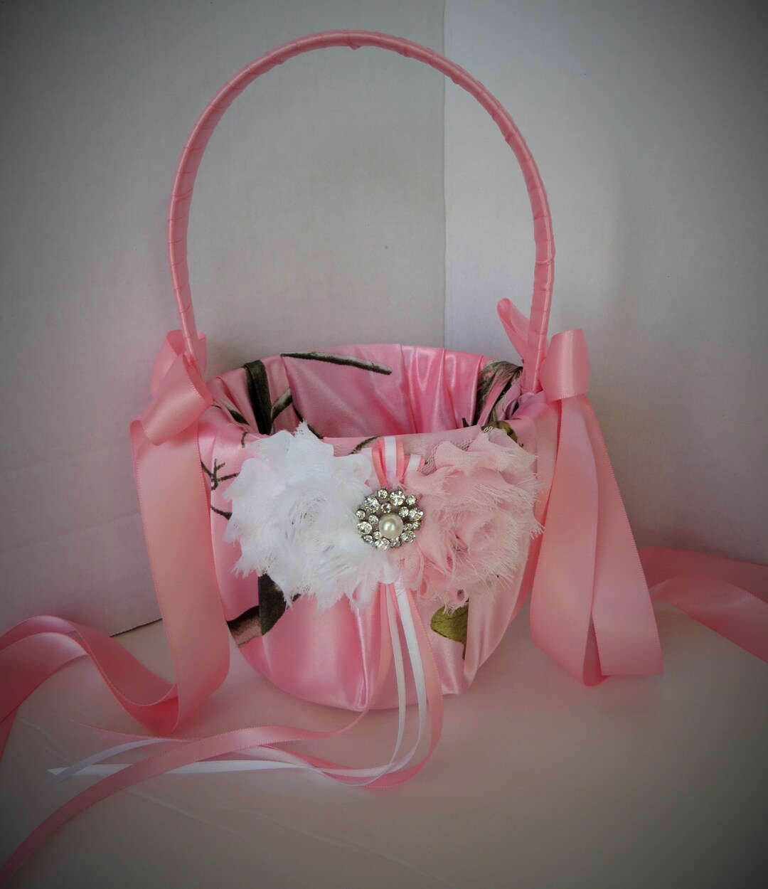 Pink Camo Wedding Flower Girl Basket, Pink Camo Flower Girl Basket