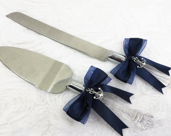 Wedding Cake Serving Set with Navy Blue Satin Bows & Anchor Charms, Wedding Cake and Knife Serving Set, Custom Wedding Reception Accessories