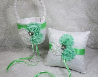Mint Green & White Shabby Chic Flower Girl Basket and Ring Bearer Pillow Set, White Traditional Wedding Ring Pillow and Flower Girl Basket