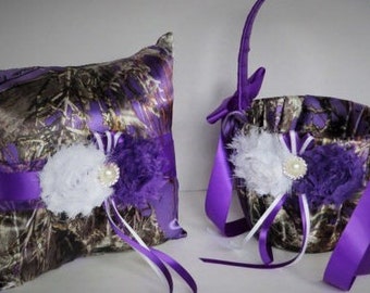 Purple Camo Wedding Flower Girl Basket, Wedding Ring Bearer Pillow, True Timber Mc2 Purple Satin Wedding Set