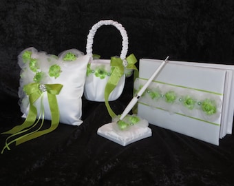 Wedding Set, Wedding Pillow, Wedding Basket, Wedding Guest Book and Pen, White Satin Embellished with Green Rosebuds, Ribbon, and Tulle.