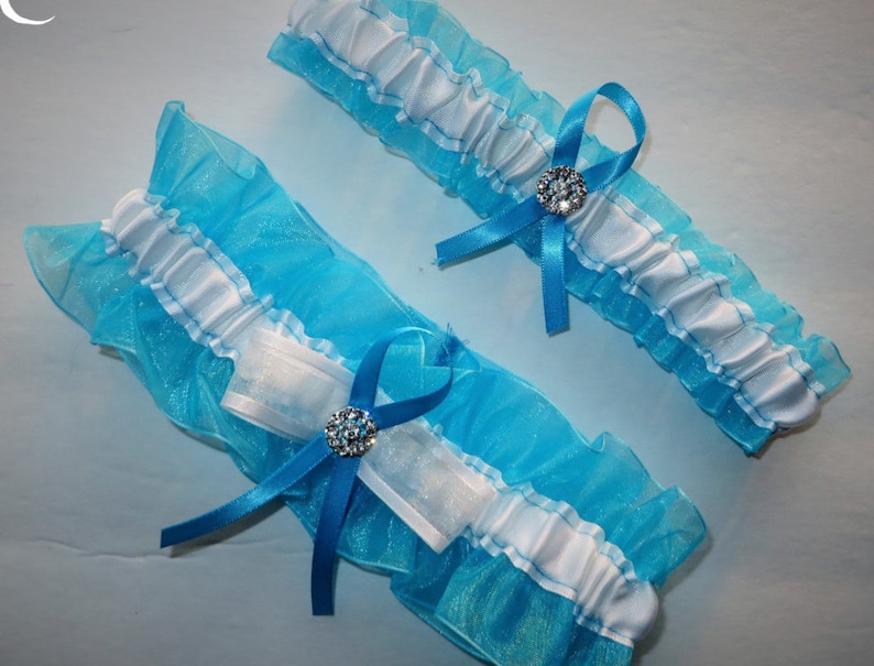 Bridal Garter Turquoise Organza with White Satin Garter Set Prom Garter Something Blue Bridal Accessory Cheer Garter
