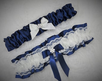 Navy Blue Garter Set, Keepsake and Toss Garter Set, Ribbon Garter, Prom Garter, Bridal Garter, Wedding Garter, Something Blue, lace garter