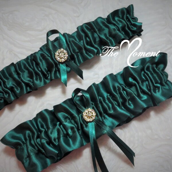 Hunter Green Garter Set, Green Garter, Keepsake and Toss-away Garter Set, Satin Garter, Prom Garter, Bridal Garter, Wedding Garter