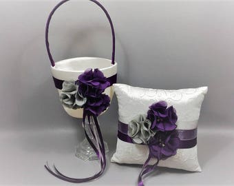 White or Ivory Flower Girl Basket & Ring Bearer Pillow with Plum Purple and Gray Chiffon Flowers, Purple-Gray Wedding Basket and Ring Pillow