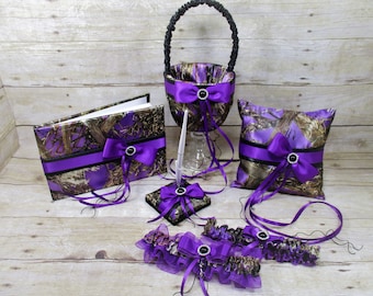 True Timber Purple Camo Wedding Set with Purple & Black, Camo Flower girl Basket-Ring Pillow-Guestbook-Garter, Purple Wedding Accessories