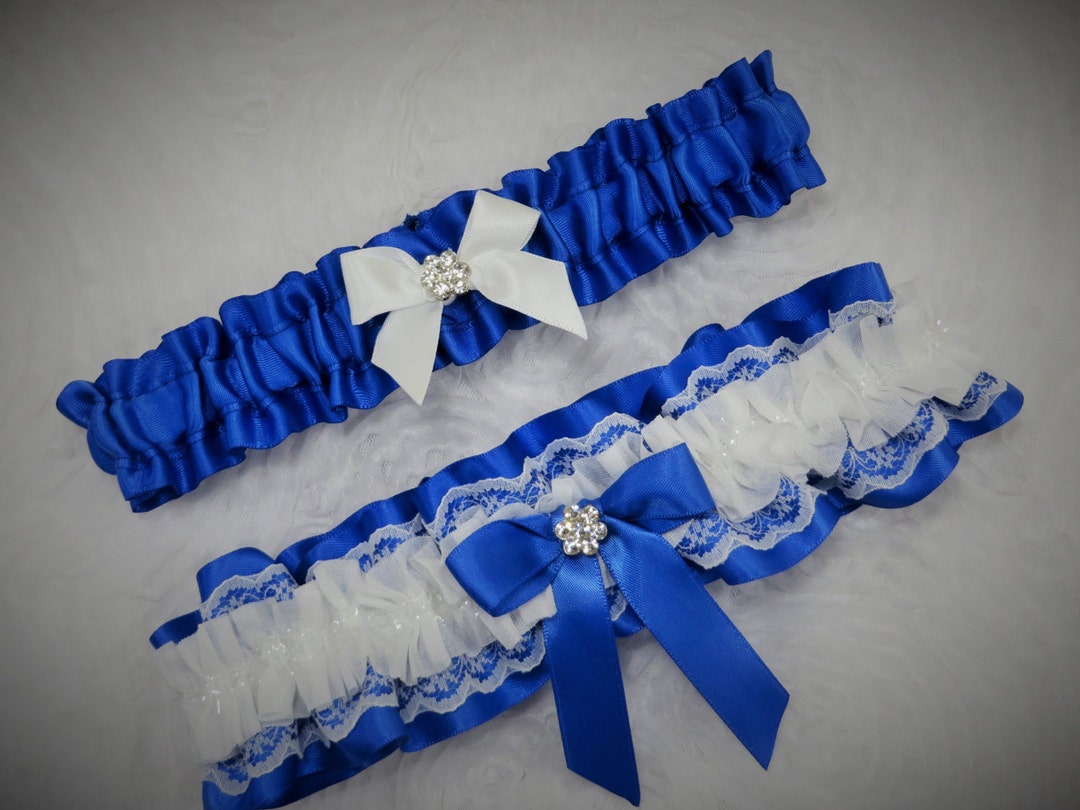 Royal Blue Garter, Blue Garter Set, Something Blue, White Lace Garter