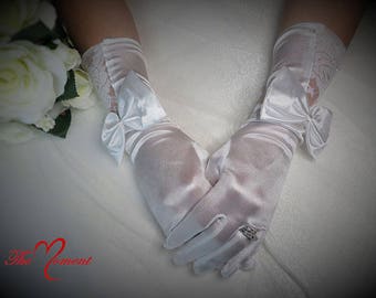 Wedding Gloves, Bridal Gloves, White Satin Bow Gloves, Full Finger Gloves, Satin Lace Gloves, White Bow Lace Gloves, Prom Gloves