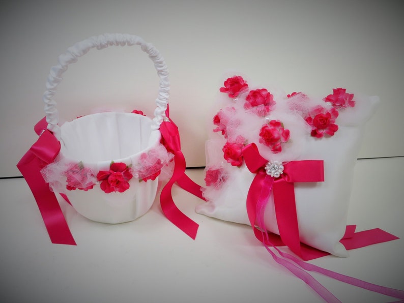 Pink Rose Wedding Fuchsia Flower Girl Basket Fuchsia Ring Bearer Pillow Pink Rose Wedding Set Pink and White Satin Set Pink Wedding Set