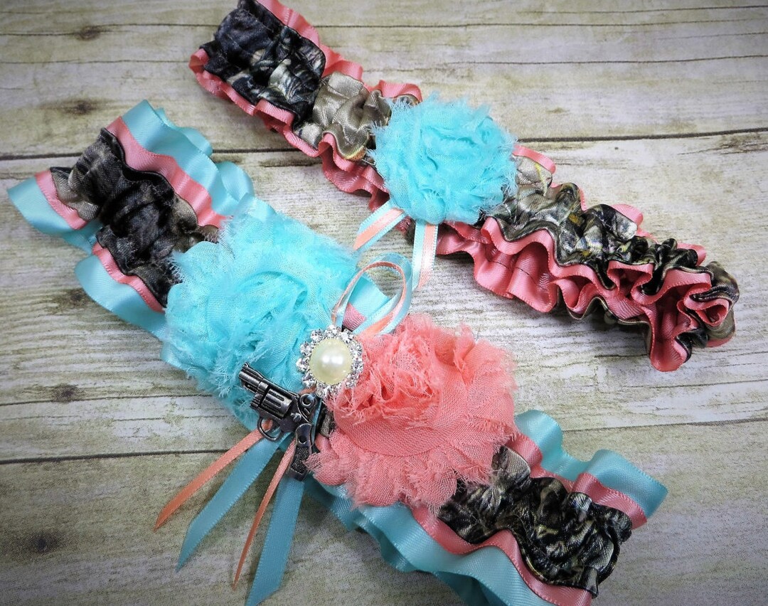 Camo Garter Set, Turquoise and Coral, Coral and Turquoise, Camo Wedding ...