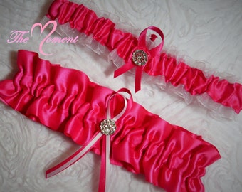 Hot Pink Garter Set, Keepsake and Toss-away Garter Set, Ribbon Garter, Prom Garter, Pink Garter, Bridal Garter, Wedding Garter