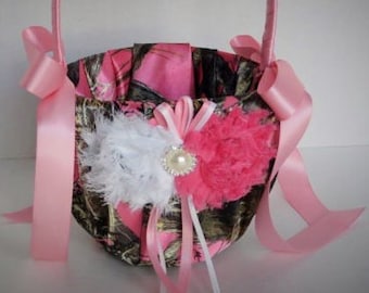 Camo Flower Girl Basket,  True Timber Pink Camo Flower Girl Basket with Pink and White Accents, Wedding Basket
