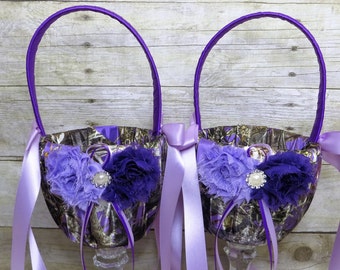 Purple Camo flower girl baskets, Purple Camo basket with Lavender Accents, Camo wedding, Purple Flower Girl baskets, Lavender and Camo