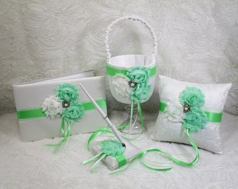 Mint Green Wedding Set, Wedding Basket, Wedding Pillow, Wedding Guest Book, Wedding Pen, Shabby Chic Wedding Set, Customize Wedding Set