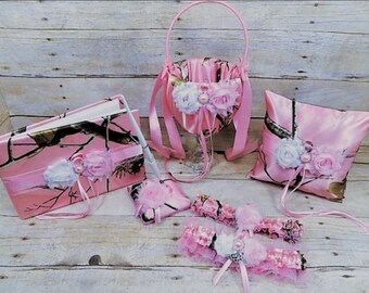 Pink Camo Wedding Set,  Ring Pillow, Guest Book, Flower Girl Basket, Keepsake & Toss Garter, Pink camo Wedding Accessories