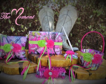 Pink Camo Wedding Set, Customize, Camo Basket, Camo Pillow, Camo Guest Book, Camo Wedding, Sassy B True Timber Pink Camo Wedding Set