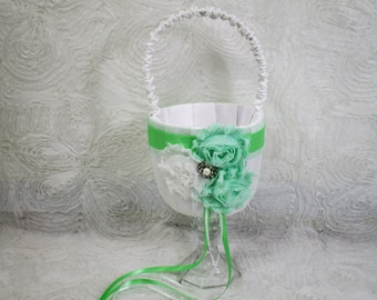 White and Mint Green Flower Girl Basket, Customize Wedding Basket, yellow flower girl basket