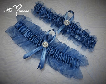 Smoke Blue Organza with Smoke Blue Satin Garter Set, Something Blue Garter, Prom Garter, Bridal Garter, Wedding Garter, Costume Garter