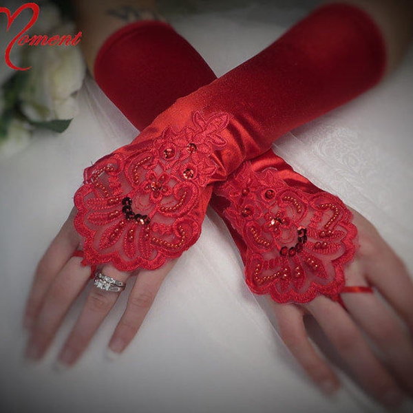 Red Satin Fingerless Gloves, Red Embroidered Lace Gloves, Red Costume Gloves, Lace Bridal Gloves, Red Prom Gloves, Formal Event Gloves