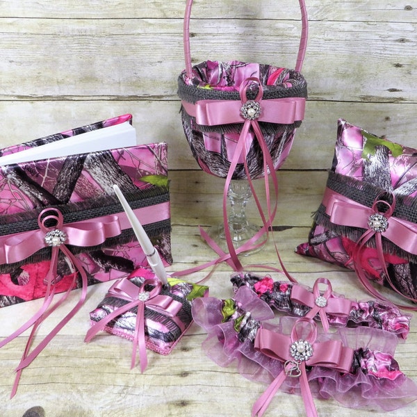 Pink Camo Wedding Set, Customize, Camo Basket, Camo Pillow, Camo Guest Book, burlap, Camo Wedding, Sassy B True Timber Pink, Pink Camo