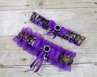 True Timber Purple Camo with Purple Satin Garter Set, Purple & Black Garter Set, Camo Garter, Wedding Garter, Bridal Garter, Prom Garter