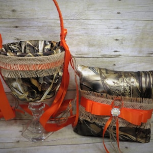 Camo Wedding Flower Girl Basket, camouflage Wedding Ring Bearer Pillow, basket with Burlap and Orange image 1