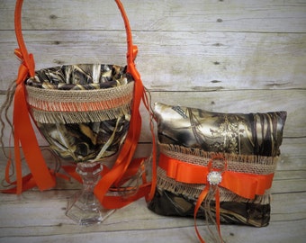 Camo Wedding Flower Girl Basket, camouflage Wedding Ring Bearer Pillow, basket with Burlap and Orange