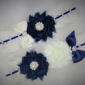 Navy Blue Lace Garter Set, Wedding Garter, Bridal Garter, Navy Blue Garter, Customize Garter, Vintage Garter, lace Garter, Stretch Lace image 1