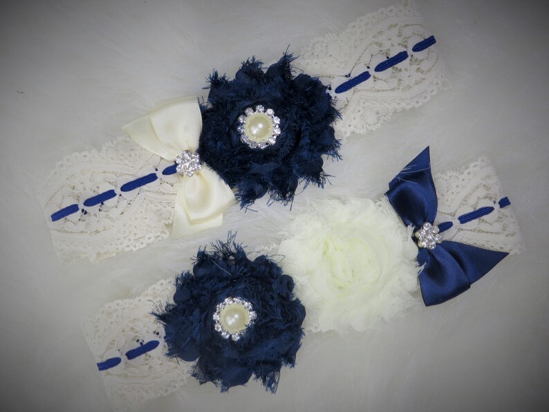 Navy Blue Lace Garter Set, Wedding Garter, Bridal Garter, Navy Blue Garter, Customize Garter, Vintage Garter, lace Garter, Stretch Lace image 1