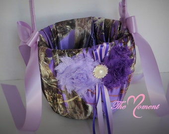 Purple Camo Flower Girl Basket,  True Timber Purple Camo Flower Girl Basket with Purple and Lavender Accents, Wedding Basket