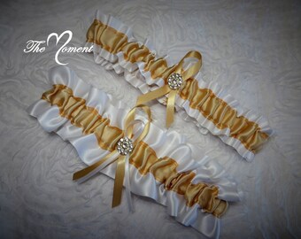 White and Gold Garter Set, Keepsake and Toss-away Garter Set, Ribbon Garter, Prom Garter, Gold Garter, Bridal Garter, Wedding Garter