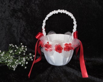 Wedding Basket, Wedding Flower Girl Baske, White Satin with Red Rosebuds and Satin Ribbon.