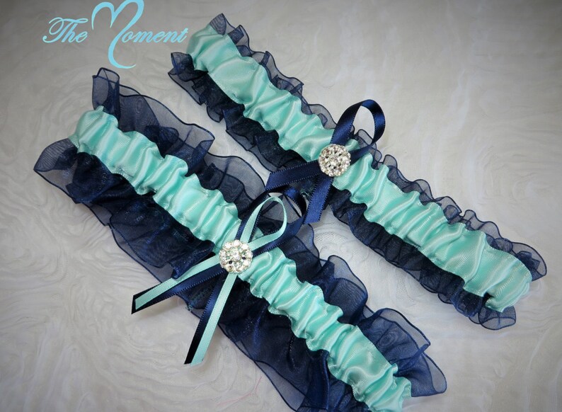 Navy Blue Organza with Aqua Satin Garter Set Prom Garter Wedding Garter Something Blue Garter Set Bridal Garter Keepsake /& Toss Garter