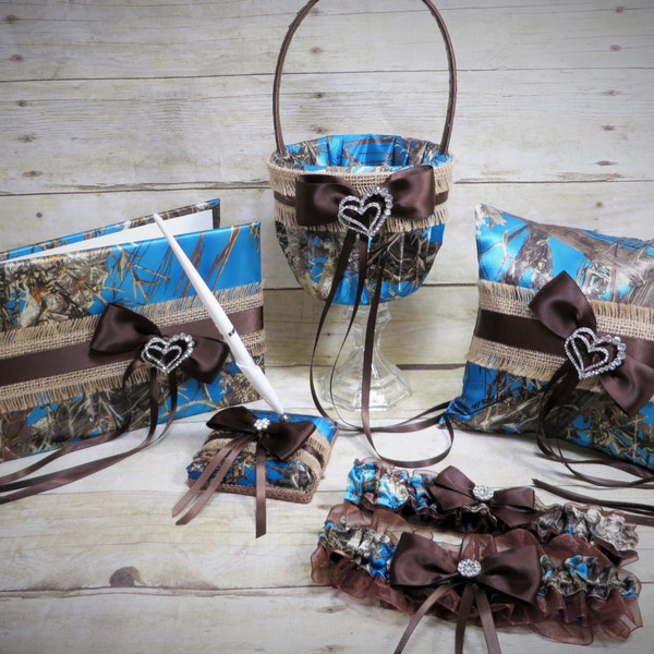 Blue Camo and Burlap Wedding Set, Camo Basket, Wedding Pillow, Wedding Guest Book, Garter, Camo Wedding True Timber Blue Camo Wedding Set