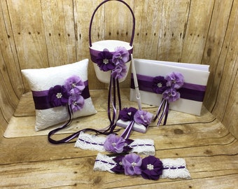 Purple and White Wedding Set, Flower Girl Basket, Ring Bearer Pillow, Garter, Purple Wedding Accessories, Customizable