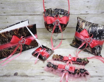 Coral Camo Wedding Set, camo Guestbook, camo Pillow, camo Basket, camo Garter