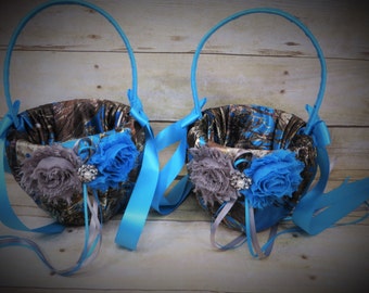 Blue Camo Wedding Flower girl Basket, Blue Camo Wedding, True Timber Mc2 Blue Satin Wedding Set, Customize Flower Baskets