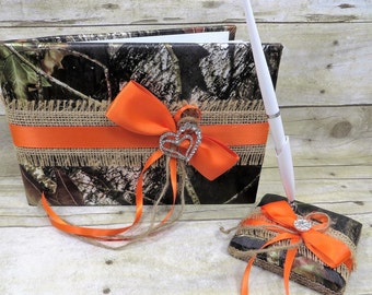 Orange Camo Gästebuch und Stift Set, Jute Hochzeit Gästebuch, benutzerdefinierte Hochzeit Gästebuch und Stift Set, orange Camo Hochzeit Gästebuch