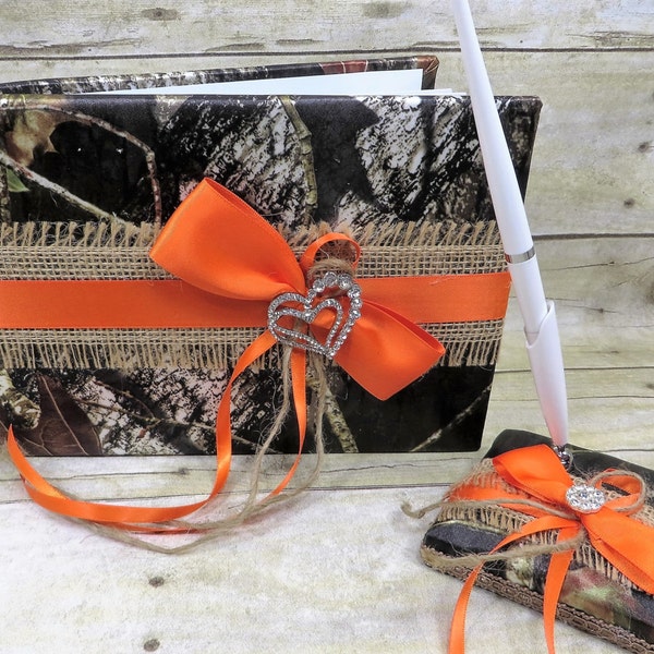 Orange camo Guest Book and Pen Set, Burlap Wedding Guestbook, Custom Wedding Guest book and Pen Set, orange Camo Wedding Guest Book