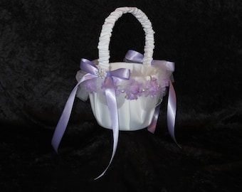 Wedding Basket, Wedding Flower Girl Basket, White and Orchid Satin Flower Girl Basket, with Orchid Rosebuds and ribbon