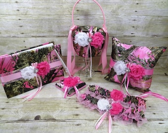 Camo Wedding Set, Wedding Flower Girl Basket, Wedding Pillow, Wedding Guest Book, Pen and Wedding Garter, True Timber Pink Camo Wedding Set