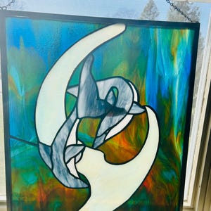 Stained Glass Panel Wall Hanging Beach Life Dolphins Tropical